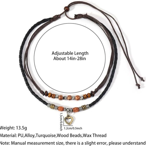 Western Layered Boho Wood Beads Choker Necklace Luck Copper Coins Heart Shaped F - Picture 4 of 7
